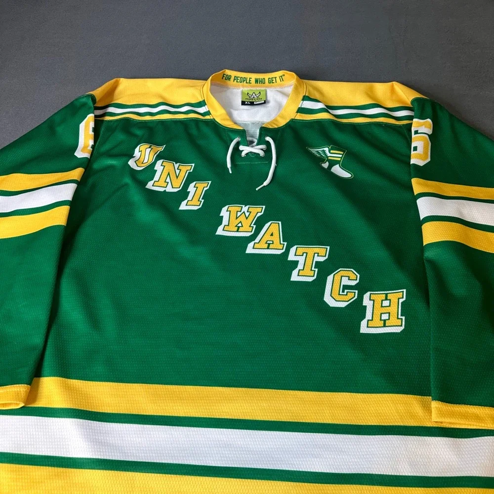 Adelph Wear Uni Watch Hockey Jersey Mens XL Green Yellow Howland 6 Lace Up Neck